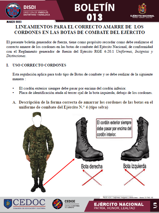 BOLETIN No 013 LINEAMIENTOS PARA CORRECTO AMARRE DE LOS CORDONES EN LAS BOTAS DE COMBATE EJÉRCITO - Nacional de Colombia