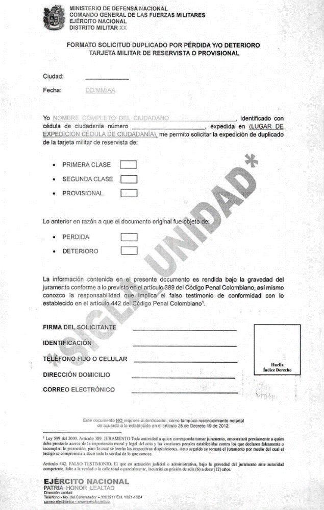 TARJETA DE RESERVISTA DE PRIMERA CLASE