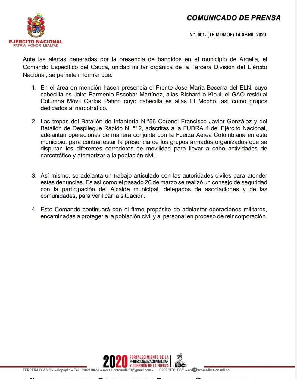Comunicado 001 14 de abril del 2020
