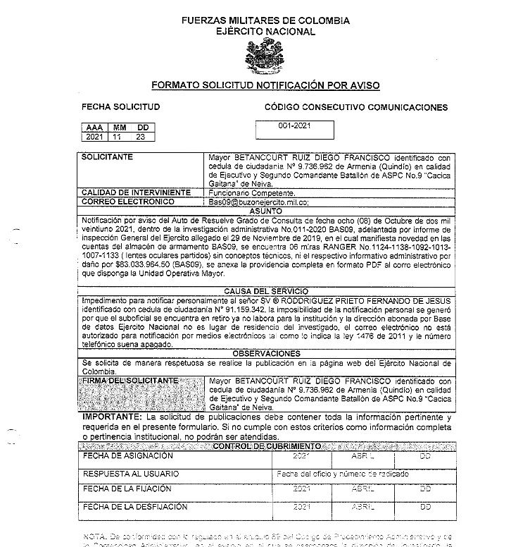Notificación mediante Aviso. Investigación Administrativa No.011-2020 BAS09