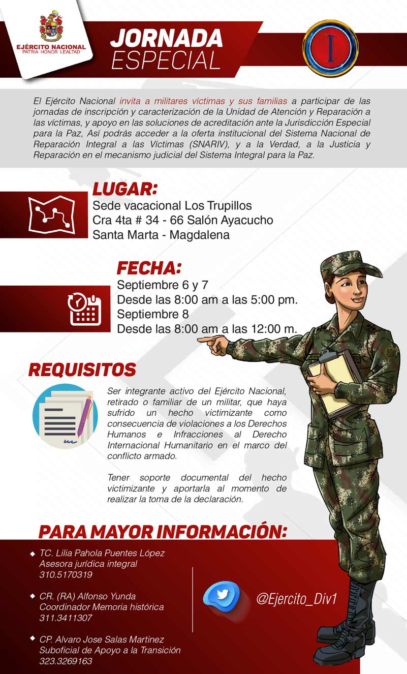 Ejército Nacional invita a militares activos y retirados y a sus familias a la jornada de declaración para la inclusión en el registro único de víctimas que se llevará a cabo en Santa Marta