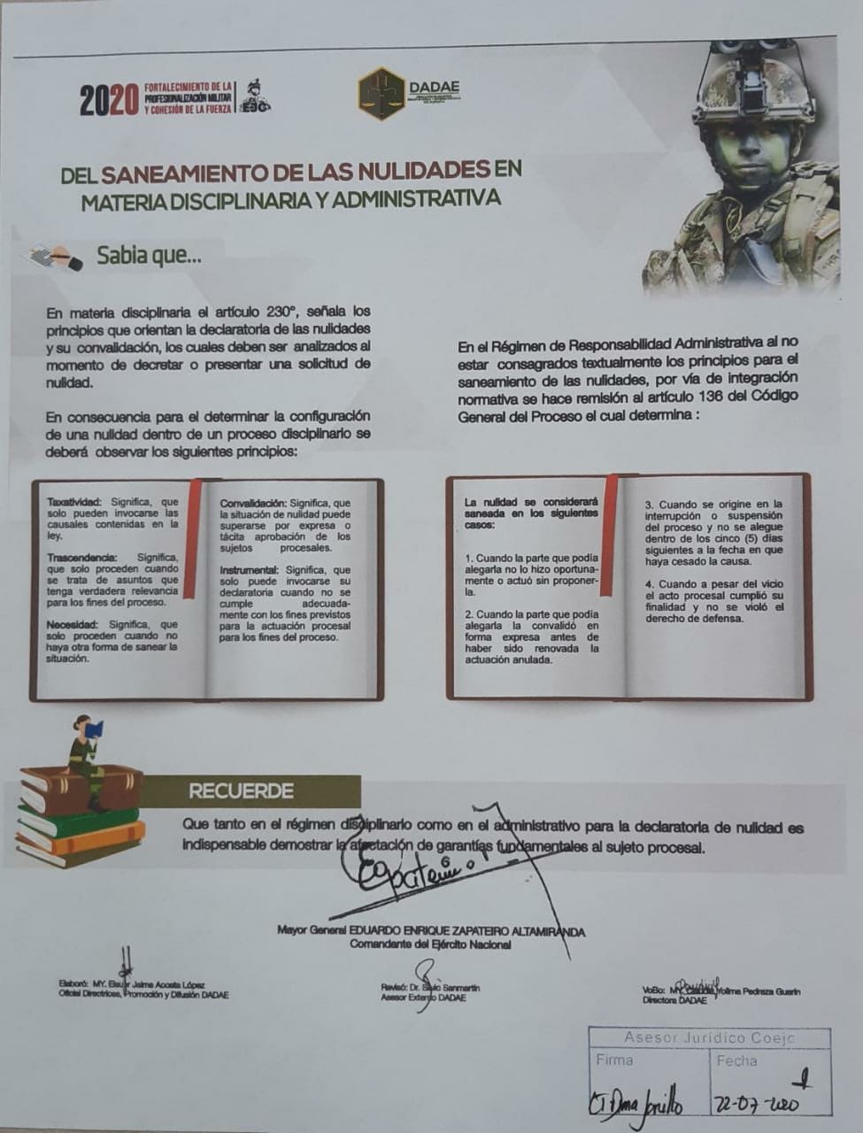 70. Del saneamiento de las nulidades en el régimen disciplinario y administrativo castrense. Ver también circular No 2025107004671523