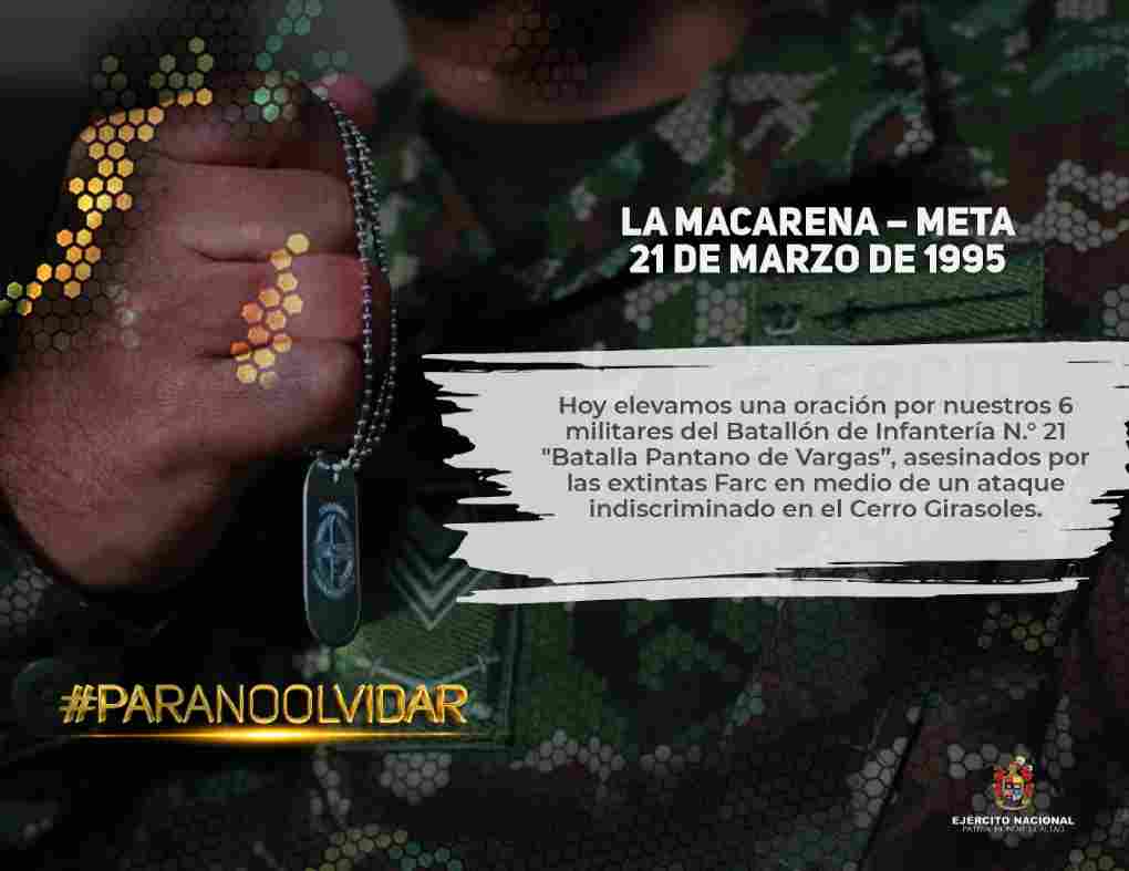 Se conmemoran 28 años de la muerte de seis héroes que cumplían su misión constitucional en Cerro Girasoles, Meta