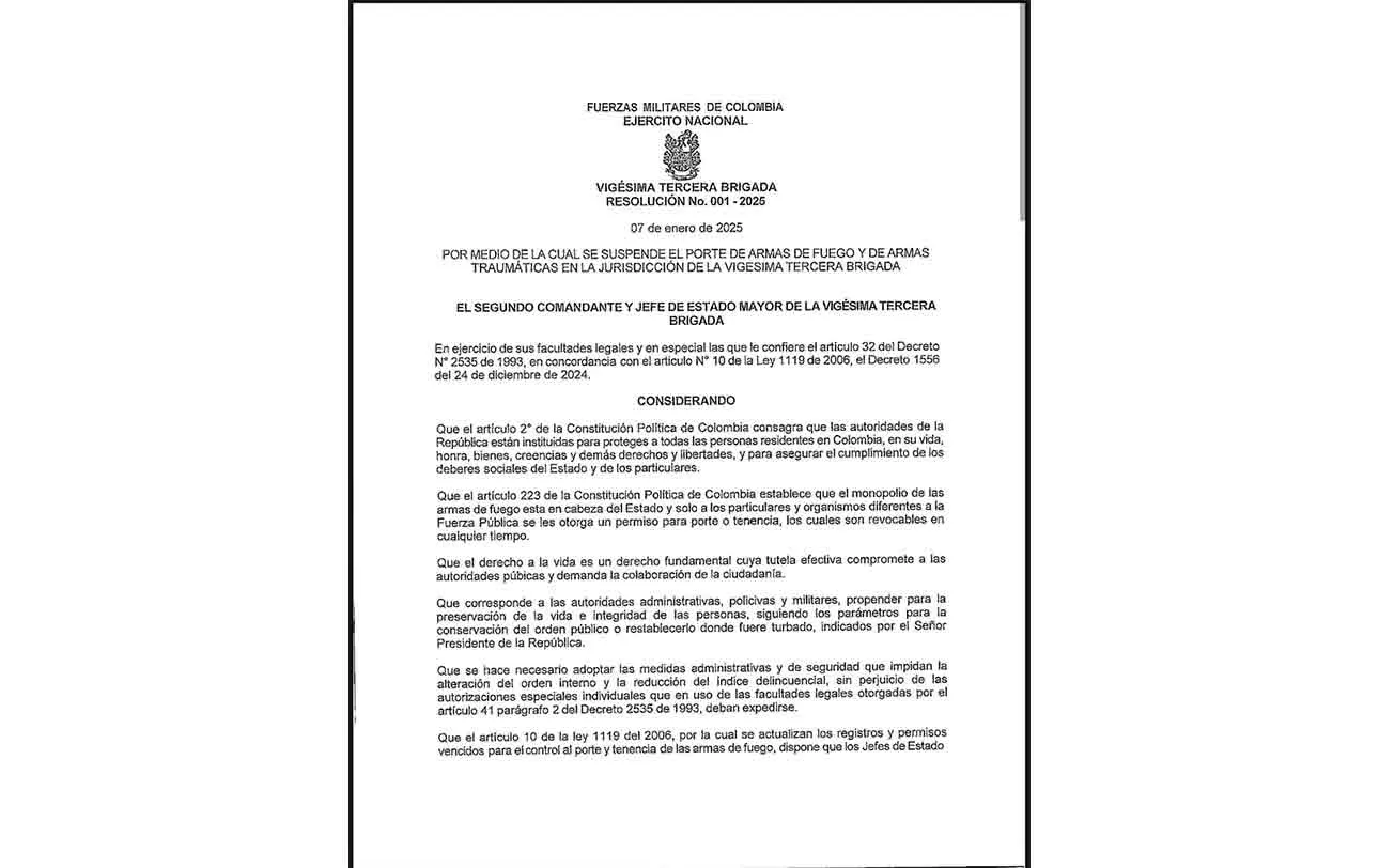Suspensión del porte de armas de fuego y armas traumáticas en el departamento de Nariño