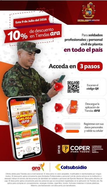 Ejército Nacional, Colsubsidio y Tiendas Ara brindan beneficio exclusivo para soldados profesionales y personal civil de planta