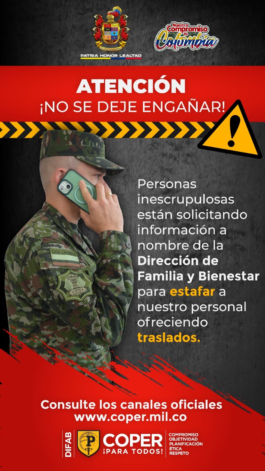 La Dirección de Familia y Bienestar del Ejército Nacional alerta sobre intentos de estafa