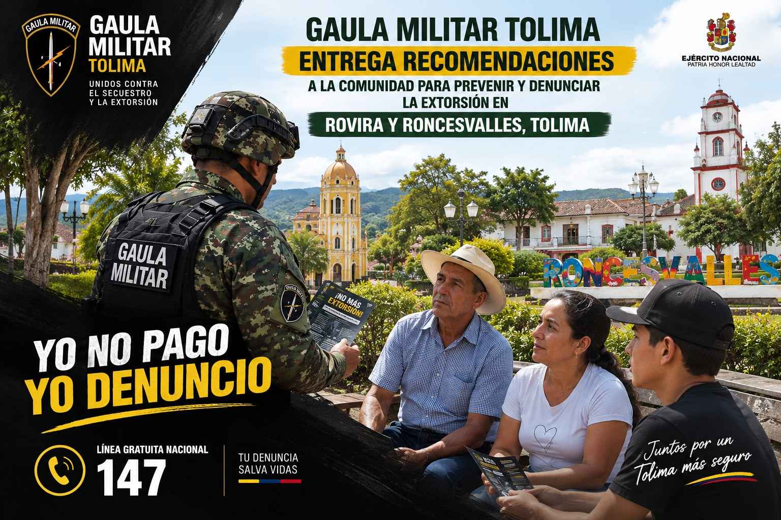 Sexta Brigada del Ejército Nacional entrega recomendaciones a la comunidad para prevenir y denunciar la extorsión en Rovira y Roncesvalles